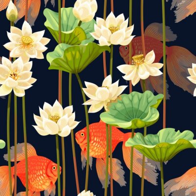 Behang Seamless pattern with white lotus and fish
