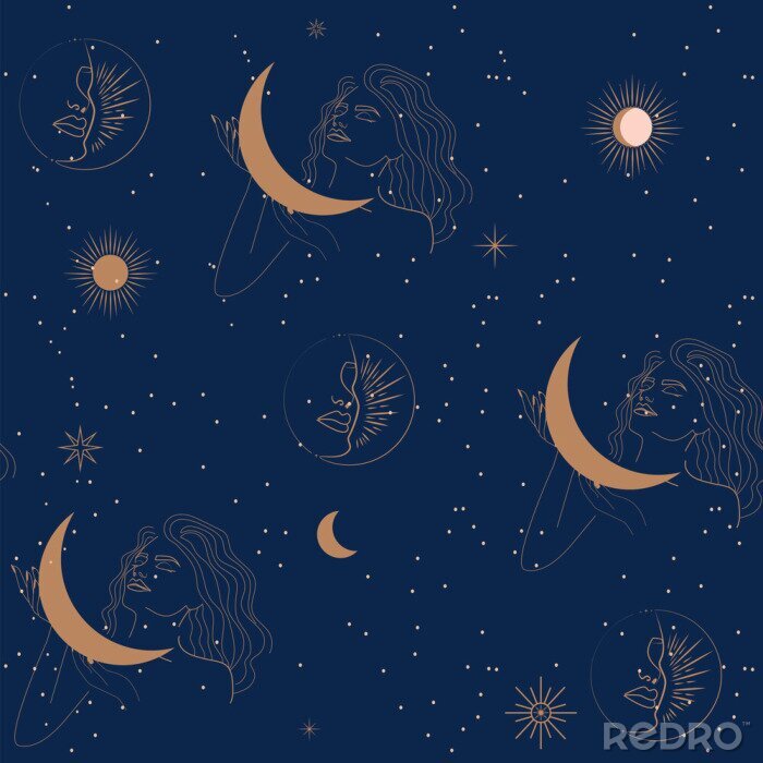 Behang Seamless pattern with woman, moon and stars in one line style. Astrology background. Editable vector illustration
