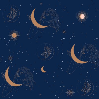 Behang Seamless pattern with woman, moon and stars in one line style. Astrology background. Editable vector illustration