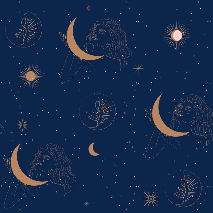 Behang Seamless pattern with woman, moon and stars in one line style. Astrology background. Editable vector illustration