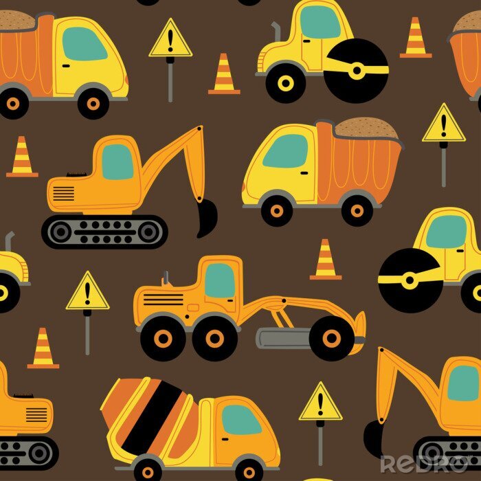Behang seamless pattern with work trucks - vector illustration, eps
