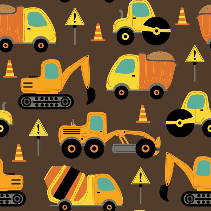 Behang seamless pattern with work trucks - vector illustration, eps