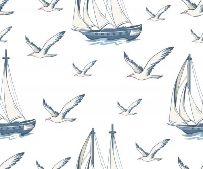 Behang Seamless pattern with yachts and seagulls. Nautical pattern