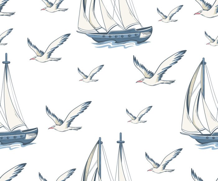 Behang Seamless pattern with yachts and seagulls. Nautical pattern