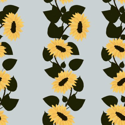 Behang Seamless pattern with yellow sunflowers and green leaves. Bouquets with sunflowers. Sunflowers on a blue background.