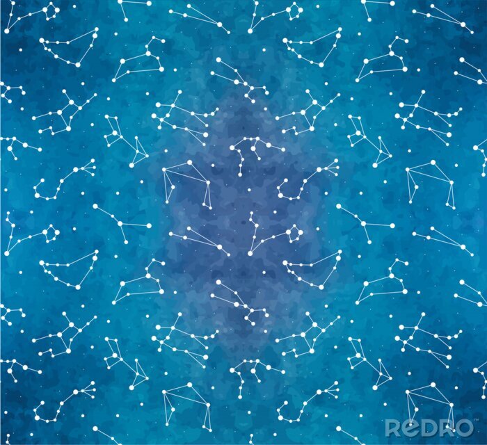Behang Seamless pattern with zodiac constellations on watercolor background. Vector zodiac signs.