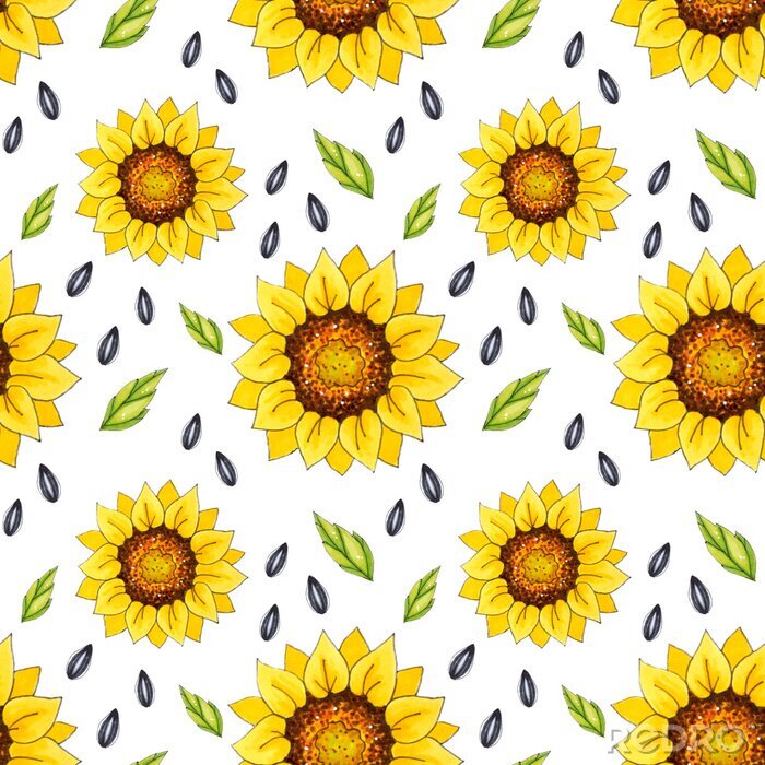 Behang Seamless patterns with bright sunflowers on a white background. These images are suitable for creating home textiles, wallpapers, backgrounds and decor.