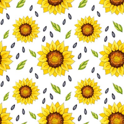 Behang Seamless patterns with bright sunflowers on a white background. These images are suitable for creating home textiles, wallpapers, backgrounds and decor.