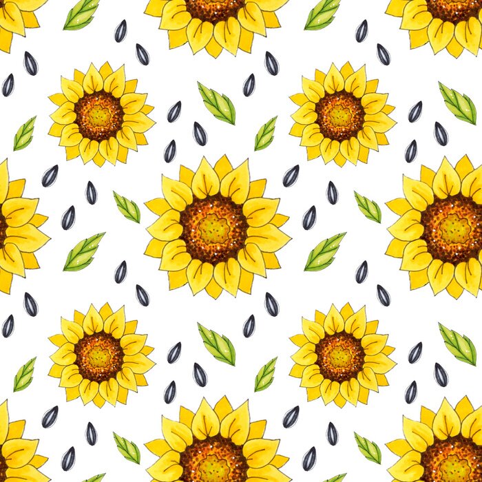 Behang Seamless patterns with bright sunflowers on a white background. These images are suitable for creating home textiles, wallpapers, backgrounds and decor.