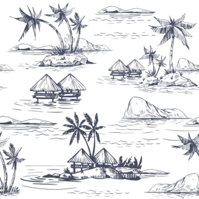 Behang Seamless patterns with tropical landscapes, palm trees, hawaii. Hand drawn style. Vector outline