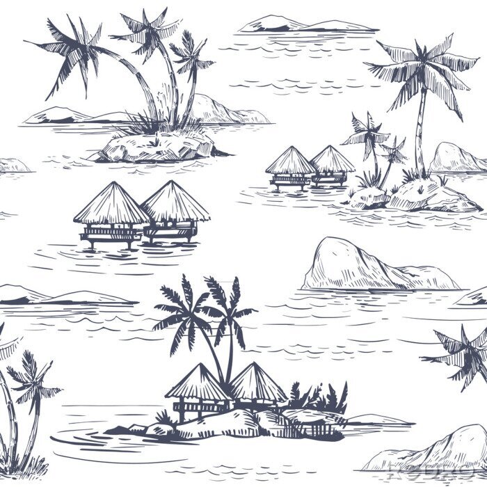 Behang Seamless patterns with tropical landscapes, palm trees, hawaii. Hand drawn style. Vector outline