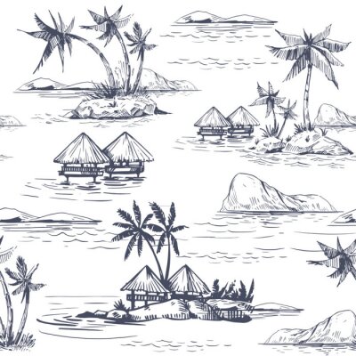 Behang Seamless patterns with tropical landscapes, palm trees, hawaii. Hand drawn style. Vector outline