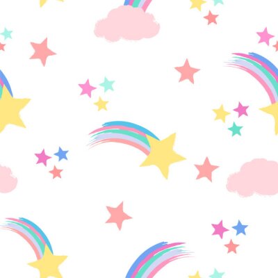 Behang Seamless repeat pattern in pastel colors with shooting stars, rainbows and clouds