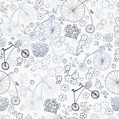 Behang Seamless retro pattern with bikes and flowers. Vector illustration. Design of textiles,packaging