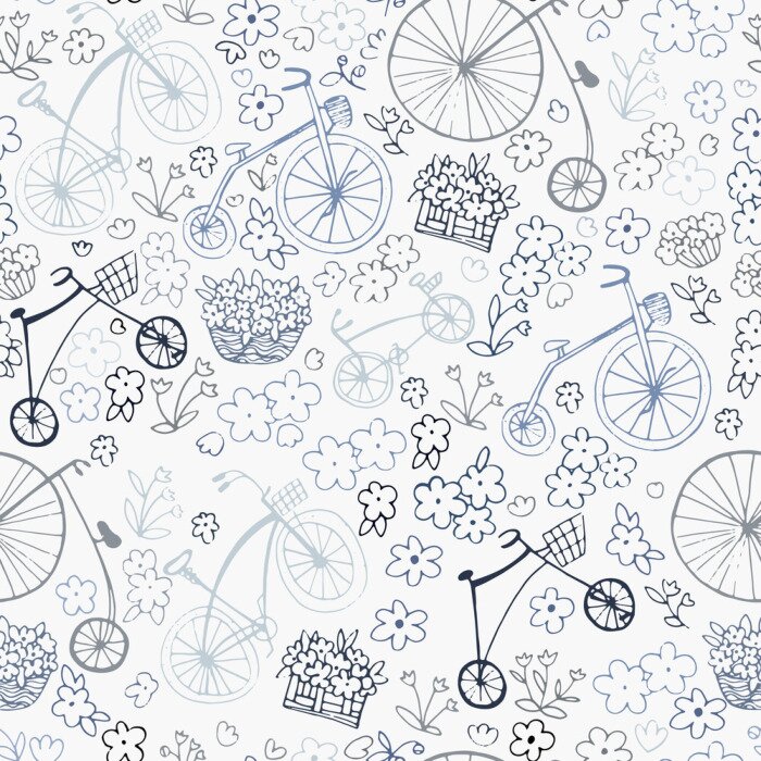 Behang Seamless retro pattern with bikes and flowers. Vector illustration. Design of textiles,packaging