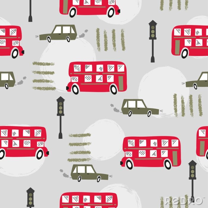 Behang Seamless road pattern with cartoon red London bus and car. Baby print.