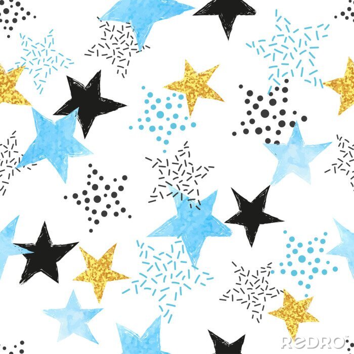 Behang Seamless Stars pattern. Vector background with watercolor blue and glittering golden stars.