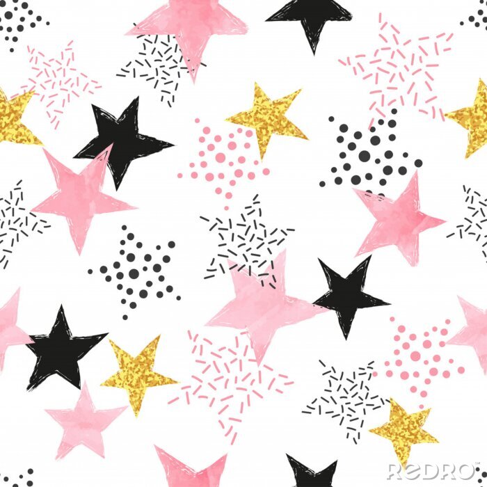 Behang Seamless Stars pattern. Vector background with watercolor pink and glittering golden stars.