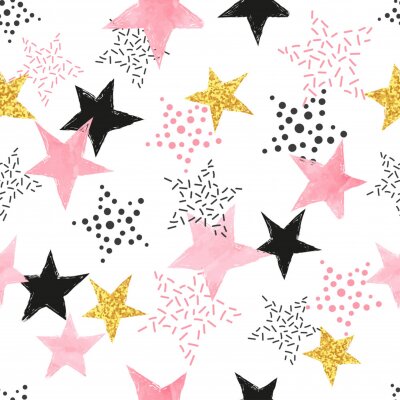 Behang Seamless Stars pattern. Vector background with watercolor pink and glittering golden stars.