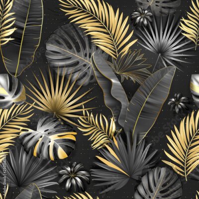 Behang Seamless tropical pattern. Leaves palm tree illustration. Gold, gray, black lives