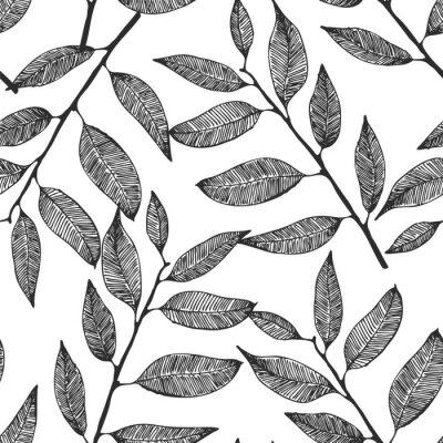 Behang Seamless vector background with hand drawn leaves, eucalyptus pattern