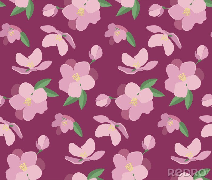 Behang Seamless vector pattern with beautiful magnolia flowers. Hand drawn nature painting. For wrapping, fabric, wallpaper. On a dark pink background