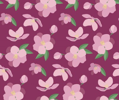 Behang Seamless vector pattern with beautiful magnolia flowers. Hand drawn nature painting. For wrapping, fabric, wallpaper. On a dark pink background
