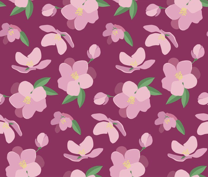 Behang Seamless vector pattern with beautiful magnolia flowers. Hand drawn nature painting. For wrapping, fabric, wallpaper. On a dark pink background