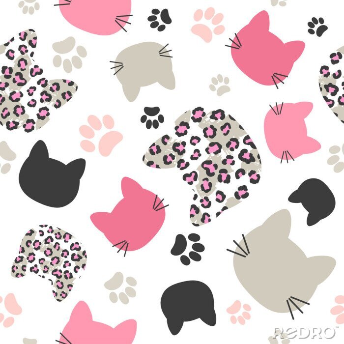 Behang Seamless vector pattern with cats heads and leopard print for kids
