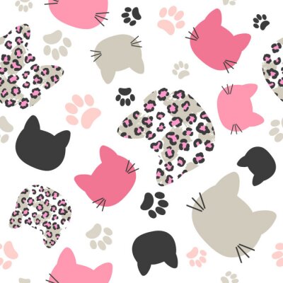 Behang Seamless vector pattern with cats heads and leopard print for kids