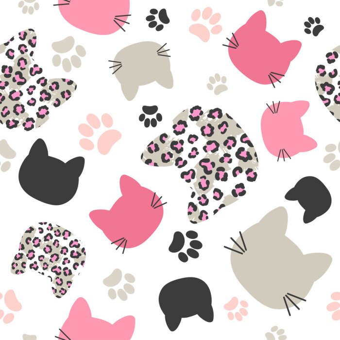 Behang Seamless vector pattern with cats heads and leopard print for kids