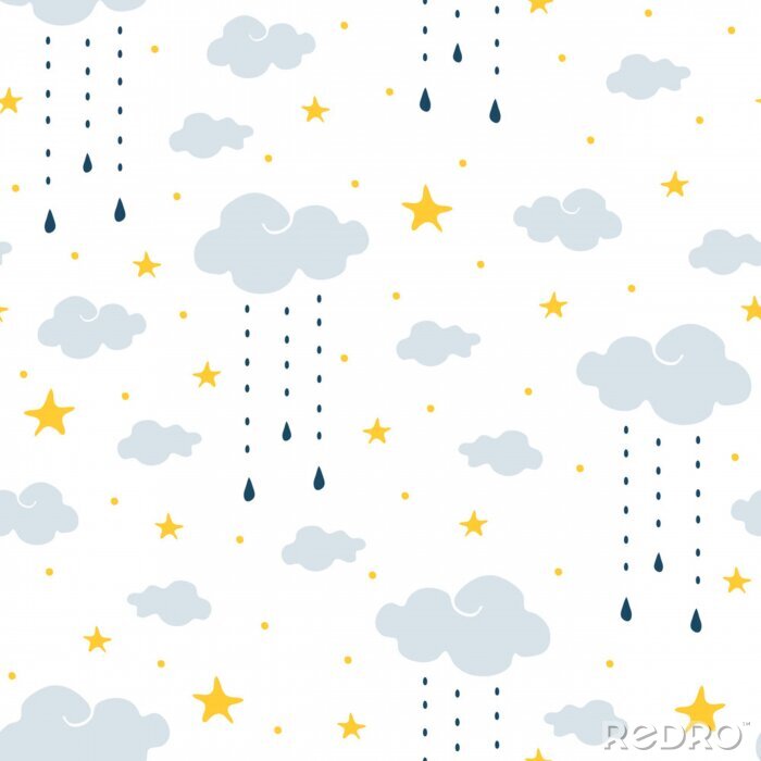 Behang Seamless vector pattern with clouds, rain and stars on white background. Gentle night sky children wallpaper design. Ideal for fabric, baby clothes, children room decoration.