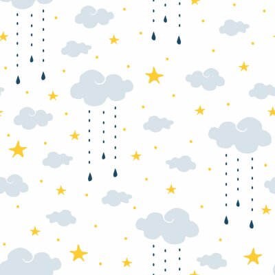 Behang Seamless vector pattern with clouds, rain and stars on white background. Gentle night sky children wallpaper design. Ideal for fabric, baby clothes, children room decoration.