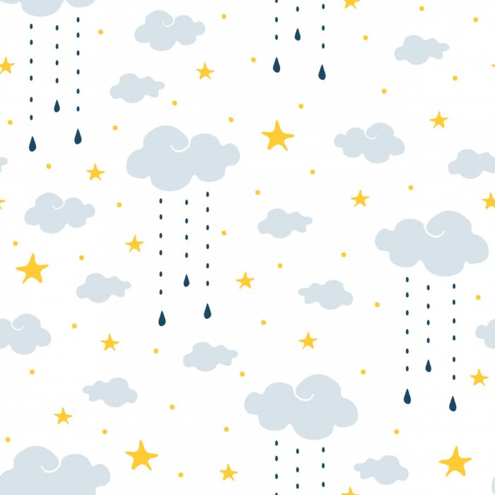 Behang Seamless vector pattern with clouds, rain and stars on white background. Gentle night sky children wallpaper design. Ideal for fabric, baby clothes, children room decoration.