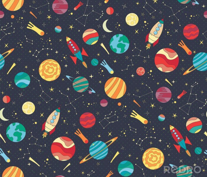 Behang Seamless vector pattern with colorful hand drawn spaceships, planets and stars. Astronomy themed pattern for wallpaper, textiles, kids prints. Schools and science design.