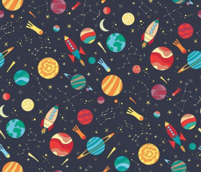 Behang Seamless vector pattern with colorful hand drawn spaceships, planets and stars. Astronomy themed pattern for wallpaper, textiles, kids prints. Schools and science design.