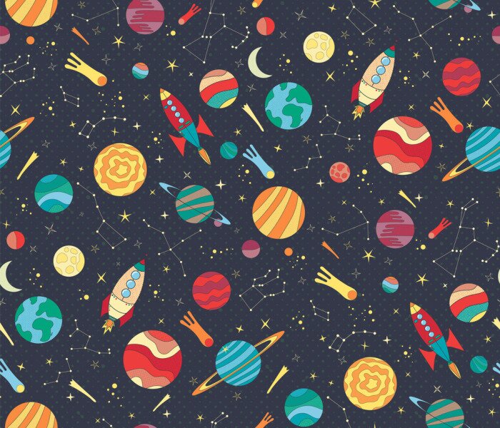 Behang Seamless vector pattern with colorful hand drawn spaceships, planets and stars. Astronomy themed pattern for wallpaper, textiles, kids prints. Schools and science design.