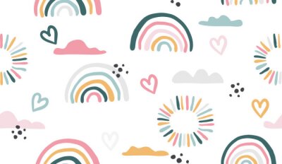 Behang Seamless vector pattern with hand drawn rainbows and sun.