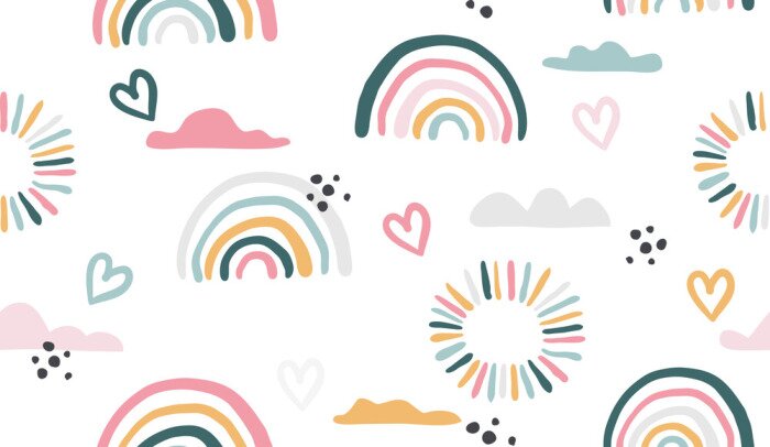 Behang Seamless vector pattern with hand drawn rainbows and sun.