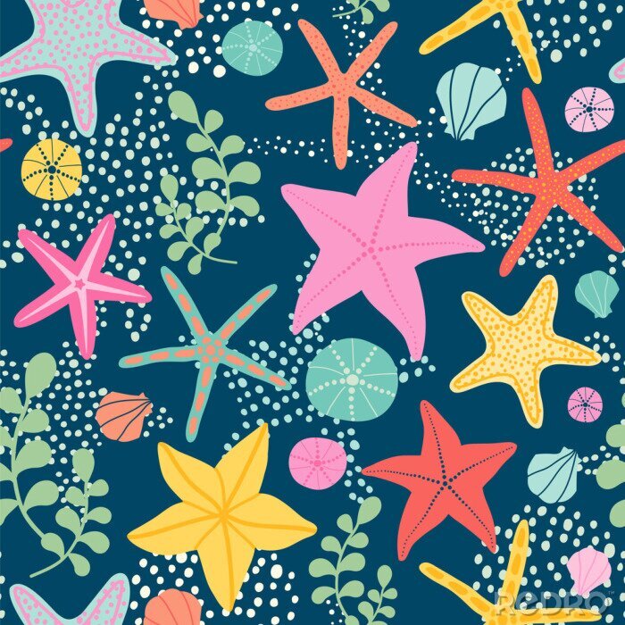 Behang Seamless vector pattern with starfish on the dark background. 