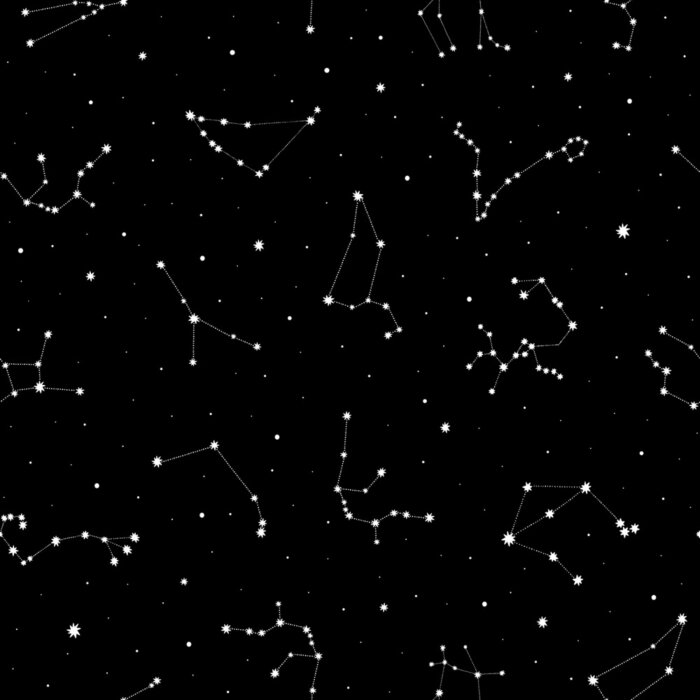 Behang Seamless vector pattern with white zodiacal constellations on black background. Zodiac signs. Space background.