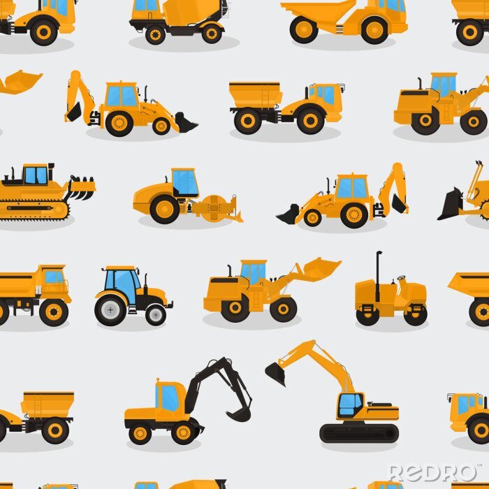Behang Seamless vector pattern with work machines and equipment on a light background.