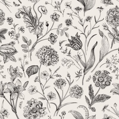 Behang Seamless vector vintage floral pattern. Classic illustration. Black and white..
