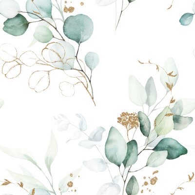 Behang Seamless watercolor floral pattern - green & gold leaves, branches composition on white background, perfect for wrappers, wallpapers, postcards, greeting cards, wedding invitations, romantic events.