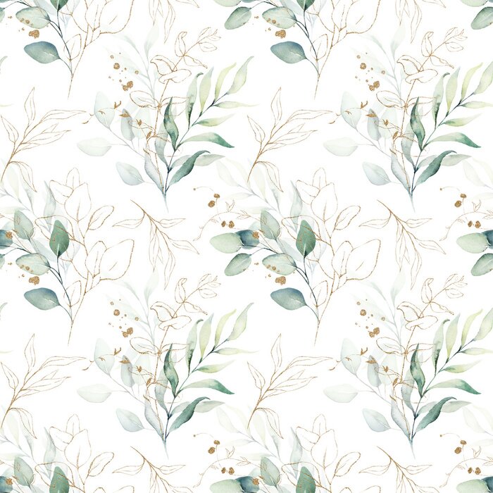 Behang Seamless watercolor floral pattern - green & gold leaves, branches composition on white background, perfect for wrappers, wallpapers, postcards, greeting cards, wedding invitations, romantic events.