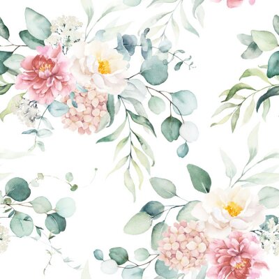 Behang Seamless watercolor floral pattern with pink & peach cream flowers, leaves composition on white background, perfect for wrappers, wallpapers, postcards, greeting cards, wedding invitations, events.