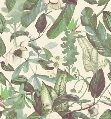 Behang Seamless watercolor pattern with tropical flowers, magnolia, orange flower, vanilla orchid, tropical leaves, banana leaves