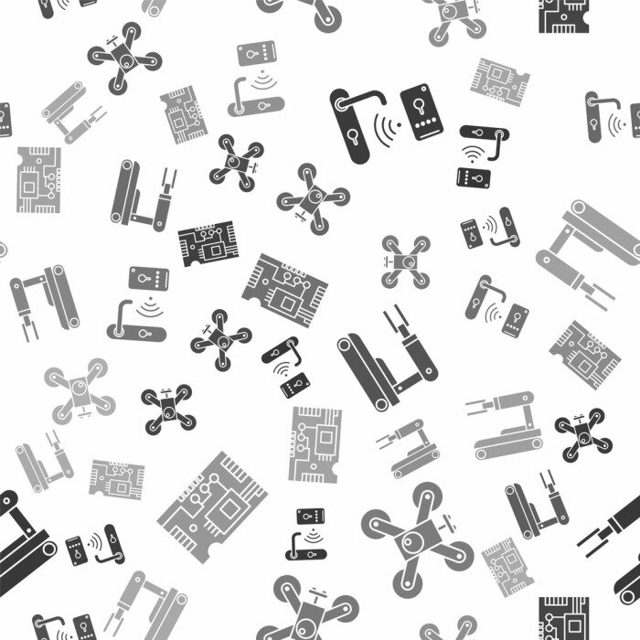 Behang Set Digital door lock with wireless technology for unlock, Drone flying with action camera, Robot and Electronic computer components motherboard digital chip on seamless pattern. Vector