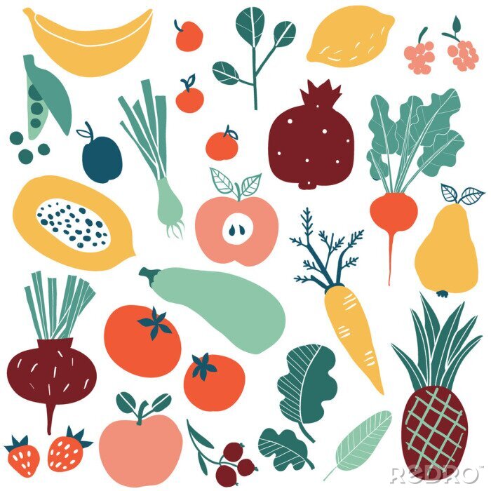 Behang Set met hand getrokken kleurrijke doodle groenten en fruit. Schets stijl grote vector collectie. Vlakke geplaatste pictogrammen: bessen, komkommer, wortel, ui, tomaat, appel, ananas, citroen.