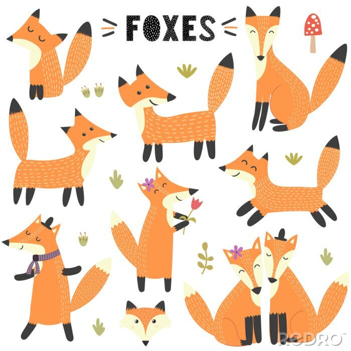 Behang Set of cute foxes. Great for children and kids design. Vector illustration